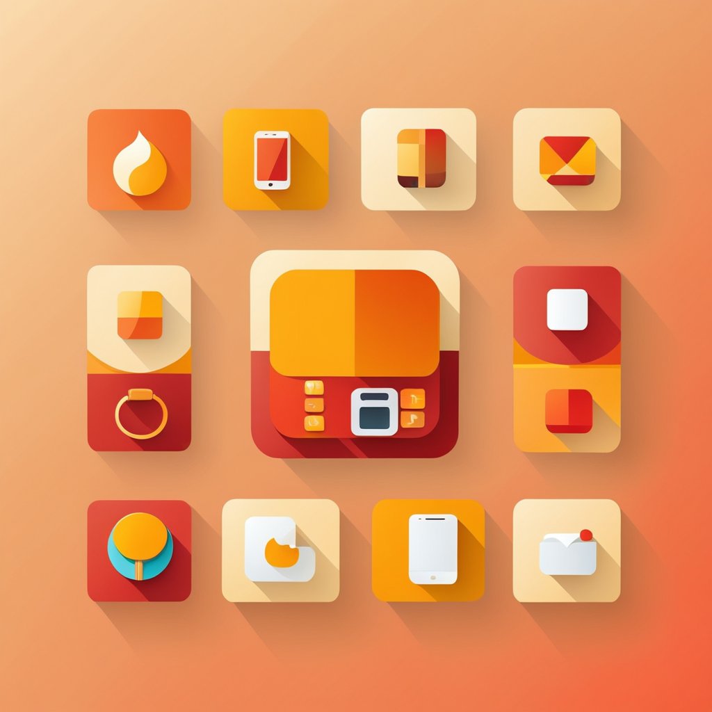 icon设计，手机，扁平化，十二应用软件，多个组合，彩色，暖色，轻质感，扁平，平面，色块，奶油风，简-豆友x-fI的文本出图-自定义创作作品