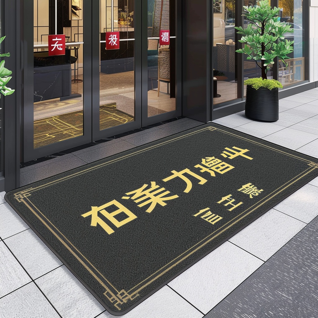 户外,建筑,玻璃门,进门地毯与门平行,门,白天,人行道,突出地毯,侧面视角,40度,地毯四周压边-豆友1833的文本出图-Midjourney模型作品