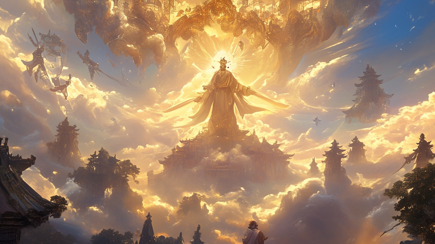 虚幻的仙境景象,云雾缭绕,宫殿楼阁若隐若现,万道光芒交织成网,一男子以仙尊之姿悬浮于空中,手持长剑,-豆友5677的文本出图 ...