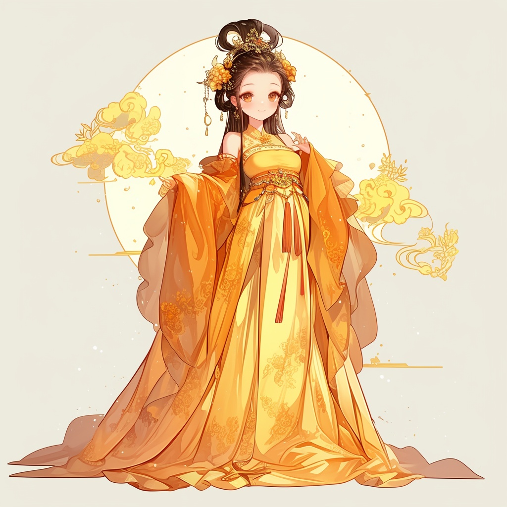 漫画卡通,俏皮可爱的中国古代公主,大眼睛,高兴,眼睛水汪汪,眼睛清澈单纯,站立着,头发梳着繁复漂亮的-豆友Vdms的文本出图 ...
