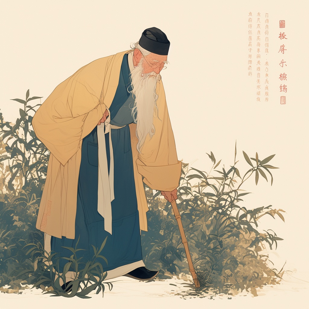 一位身着素色长袍的老中医,手持竹篮,正在山间药田里采摘草药。画面采用中式插画风格,以古画形式呈现,背-豆友5703的文本出图 ...