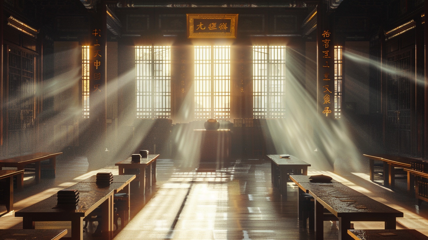 中国古代私塾，学生分四排坐在桌前背对观众，教书先生，书架，消失点构图，光线明亮， 8K， 最佳品质-胡马越鸟的Midjourney作品-豆绘 ...