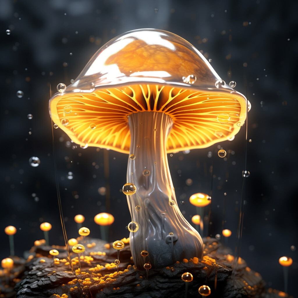 紫色白斑的蘑菇，透明质感，3D渲染，超现实主义，电影级照明，特写，微距镜头，色彩斑斓，文艺复兴风格，-豆友5vxk的文本出图 ...