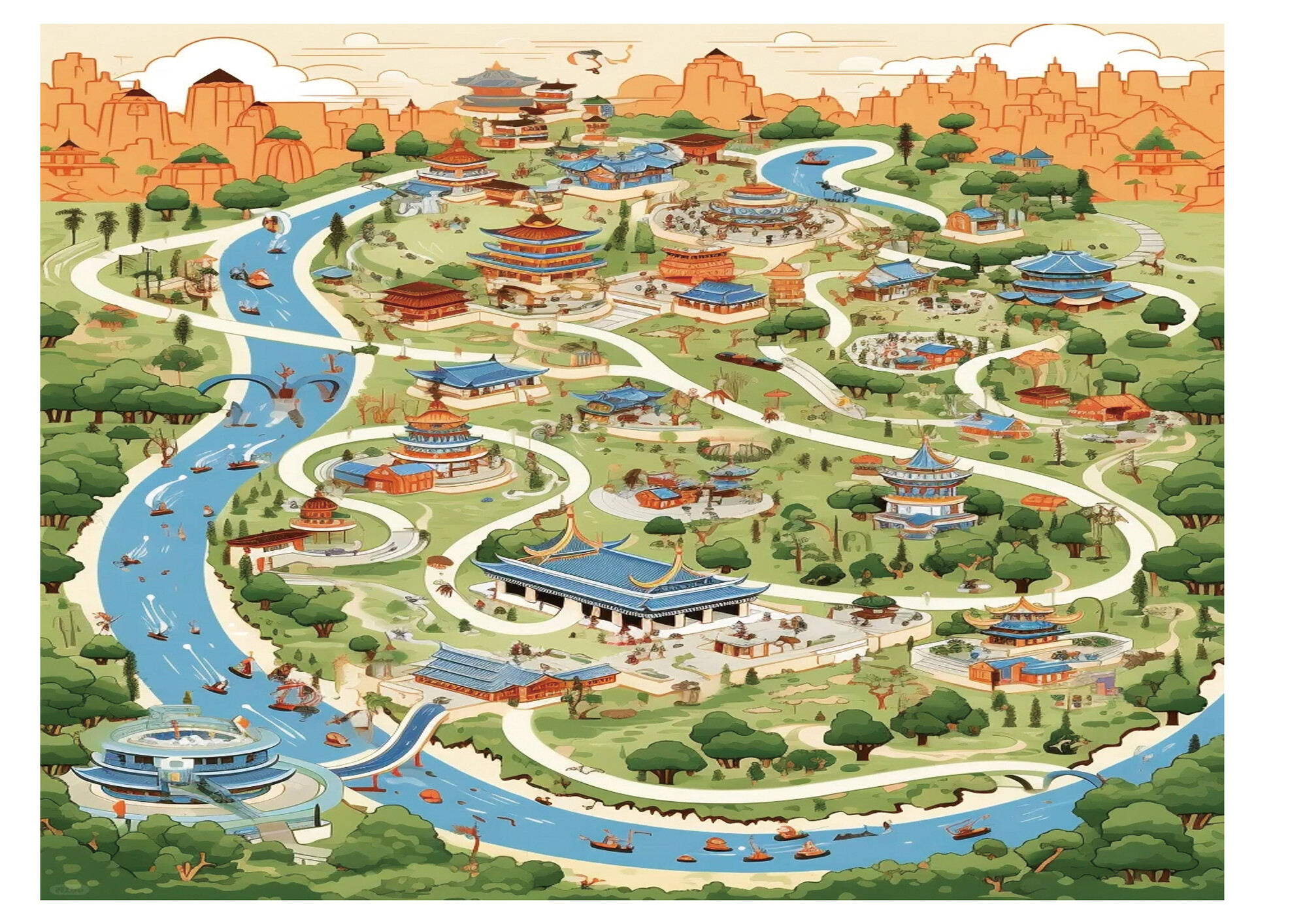 旅游,路线图,丰富色彩,许多建筑,树林,深灰马路,现代建筑,都市-豆友5703的Midjourney作品-豆绘AI - 专业且免费的在线AI ...