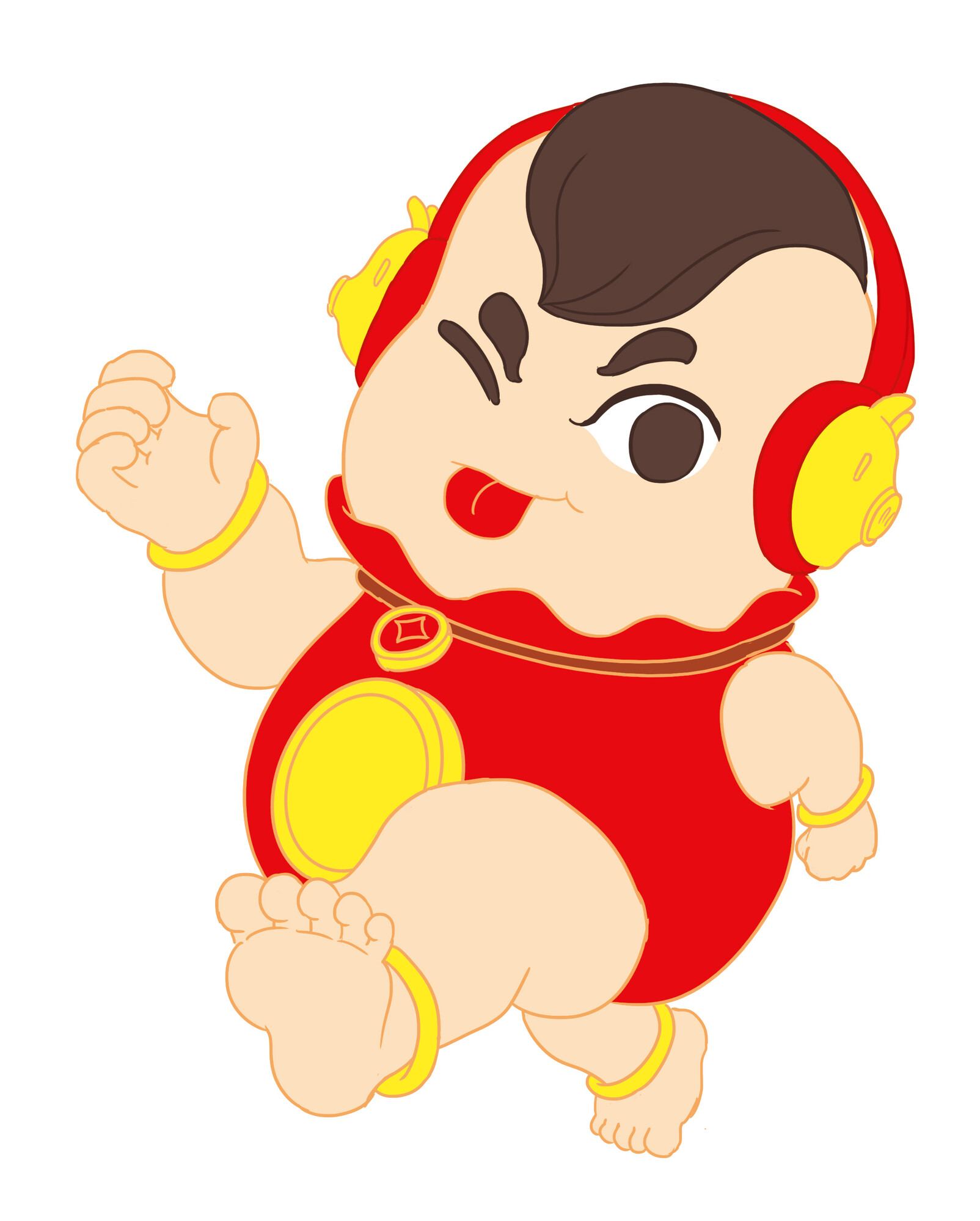 3D渲染，哑光质感，吐红色舌头，眯眼笑，手脚带着金镯子，穿着红色福袋背心，单独穿了一件背心，黑色小头豆友5703的以图出图通用模式作品