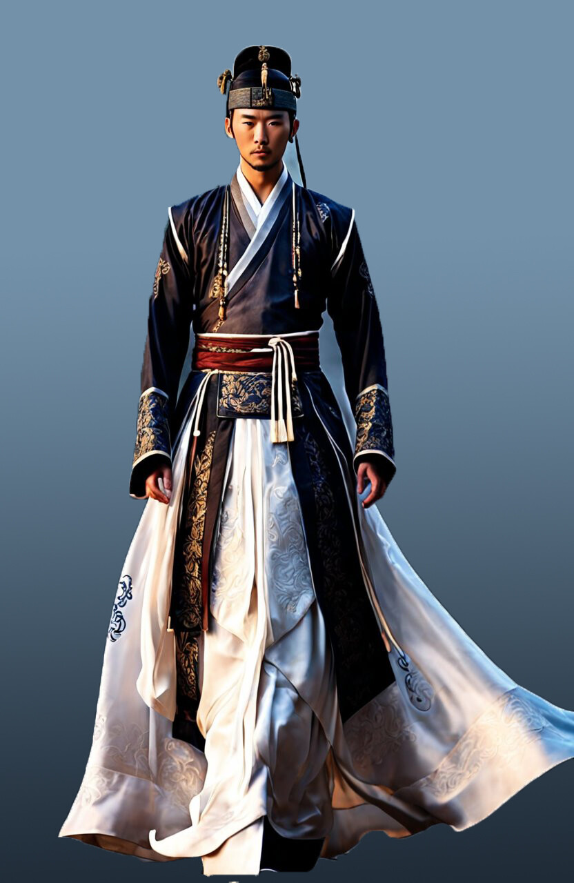 中国古典中年男子服饰，服饰整体色彩稳重，外衣是淡蓝色主色，服饰有精致刺绣图案，腰部装饰要精致。， ,-佟佳哥的以图出图-线稿渲染作品